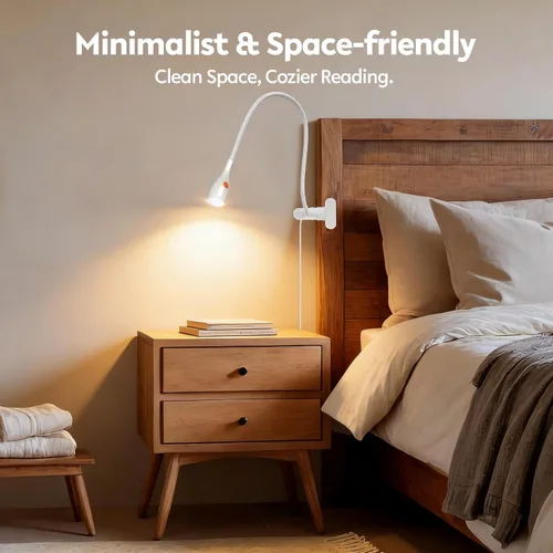 Miniatura 2 de acegoo Luz de lectura minimalista para cabecero de cama, lámpara de clip blanca regulable con adaptador USB-C, cuello flexible y práctico