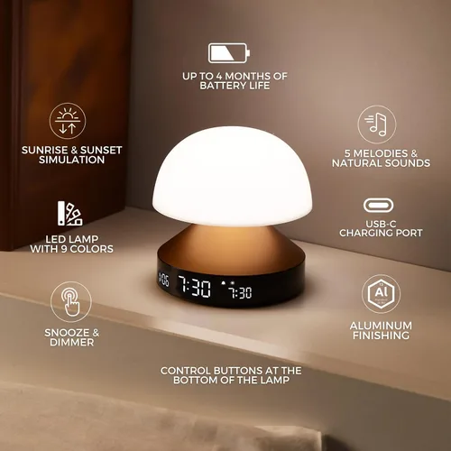 Miniatura 6 de Lexon Reloj despertador Mina Sunrise, luz de despertador y lámpara de puesta de sol para rutina de sueño, color rojo oscuro