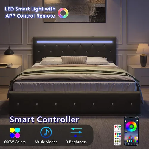 Miniatura 3 de Benevika Base de cama de tamaño completo con 4 cajones y estación de carga, cama tapizada de cuero PU con cabecera LED ajustable, soporte de Negro