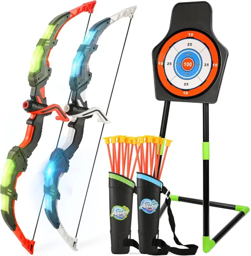 Bow and Arrow Set for Kids, 2 Pack LED Light Up Archery Set with 20 Suction Cup Arrows, Indoor and Outdoor Toy for Boys Girls Age 4-8 8-12 with Azul