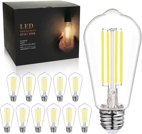 Miniatura 10 de BORT Paquete de 4 bombillas LED Edison ST58/ST19, color blanco cálido, 2700 K, equivalente a 6 W, bombillas LED de filamento de 60 W, regulables