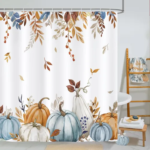 Miniatura 8 de Bonhause Cortina de ducha de calabaza de otoño, calabazas azules y verdes, hojas de otoño, decoración de baño de Acción de Gracias, 72 x 72