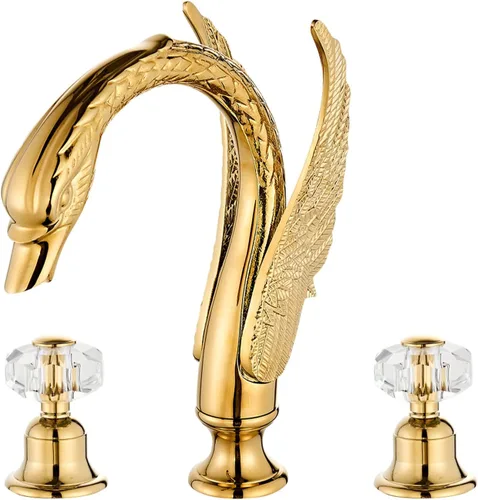 Miniatura 12 de Grifo de Lavabo Estilo Cisne Ornamentado Dorado Negro Combo para Baño con Montaje en Cubierta Conjunto de Grifo Mezclador para Lavabo Agua Caliente