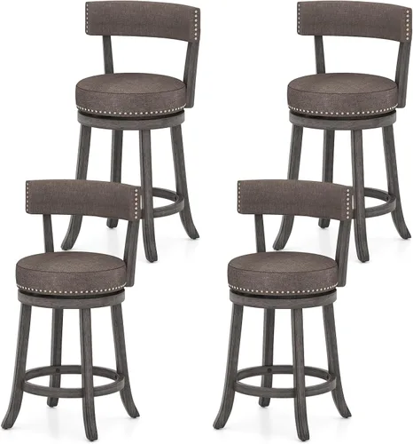 Miniatura 9 de COSTWAY Taburete de bar giratorio de 27 pulgadas, con respaldo acolchado y patas de madera de goma, silla de desayuno para isla de cocina