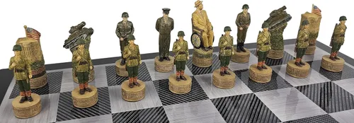 Miniatura 8 de Juego de ajedrez de la Segunda Guerra Mundial de Estados Unidos vs Alemania con tablero de color de fibra de carbono negro de 18 pulgadas WW2