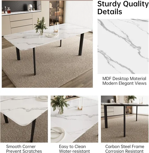 Miniatura 3 de HIPIHOM Mesa de comedor extensible para 6-8 personas, mesa rectangular de 63 a 78.7 pulgadas, MDF blanco con patas de metal resistentes, ahorro