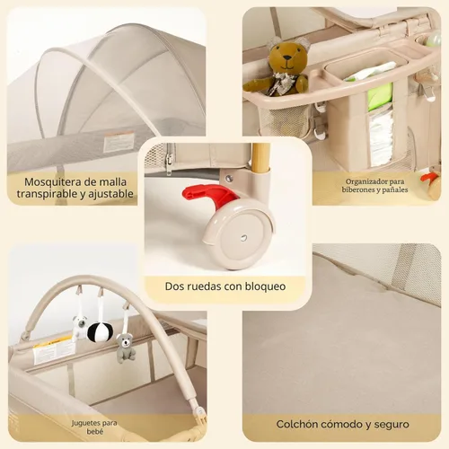 Miniatura 7 de Moisés para bebé 5 en 1, paquete y juego, cuna de bebé ajustable junto al dormir, configuración de un segundo y una mano, corralito portátil Beige