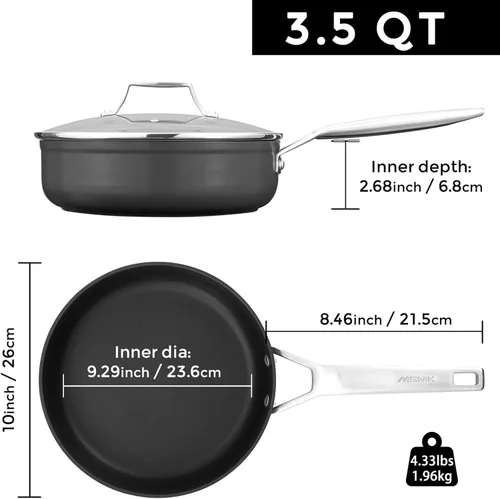 Miniatura 2 de MsMk Sartén profunda de 3.5 cuartos de galón, sartenes duraderas de 10 pulgadas para refrescar la sartén vieja con tapa, borde profundo y recto