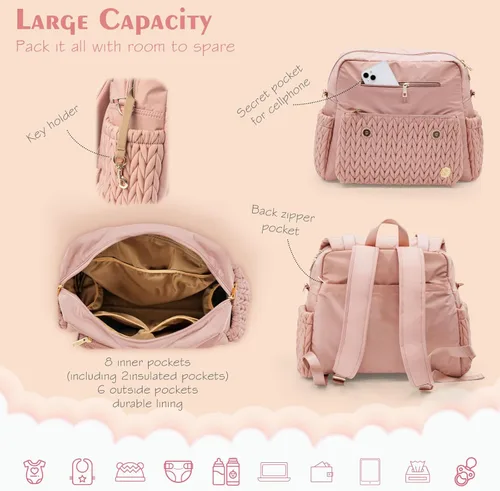 Miniatura 2 de Mochila para pañales de gran capacidad, bolsa de viaje para mamá, impermeable y elegante con cambiador, bolsa de bebé para mujeres y niñas Rosa