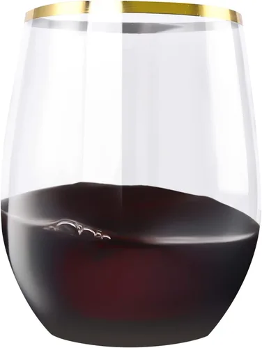 Miniatura 10 de SUT Paquete de 32 copas de vino de plástico con borde dorado de 12 onzas, sin tallo, desechables con calidad premium, reutilizables, irrompibles