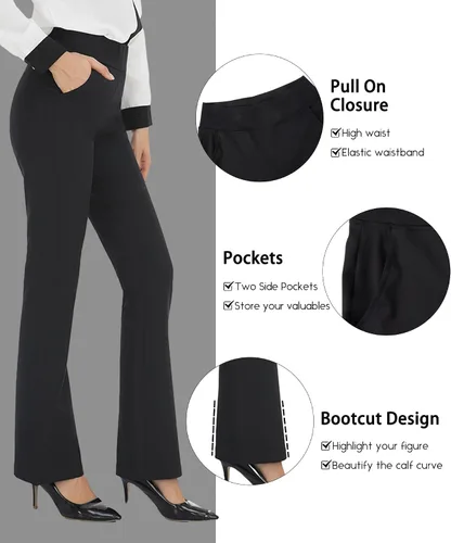 Miniatura 5 de Pantalones de vestir de cintura alta para mujer, corte de bota, cintura elástica, sin botones, color negro, pantalones de trabajo para mujer