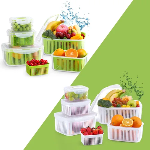 LUXEAR 5 paquetes de contenedores de almacenamiento de frutas y verduras con tapa y colador, color blanco y verde