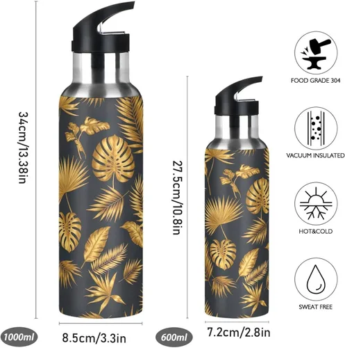 Miniatura 2 de Insulated Stainless Steel Water Bottle with Straw 20 Oz, BPA-Free Sports Water Bottle with Straw for Gym Outdoor Travel School, Tropical Leaves