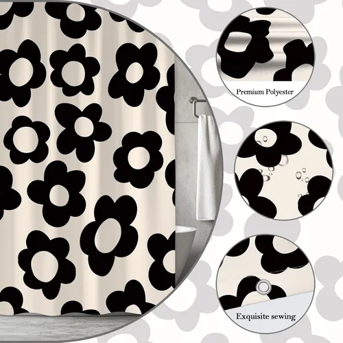 Miniatura 5 de Cute Retro Flower Shower Curtain Groovy Vintage Floral Funky Hippie Pastel Black Beige Daisy Abstract Aesthetic Fabric Bathroom Curtain Set with