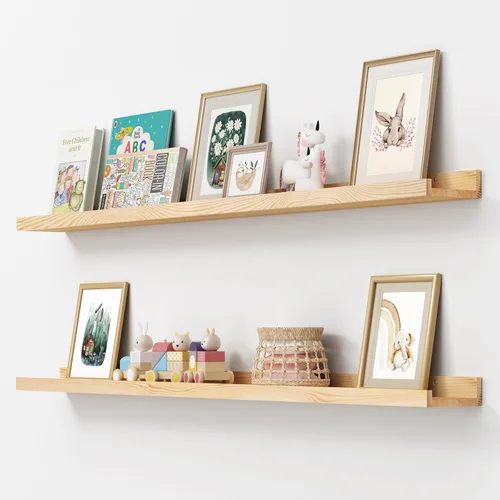 Miniatura 27 de FLYJOE Estante de repisa de fotos para pared, 24 pulgadas de madera de fresno maciza, estantes para libros de guardería, estantes flotantes