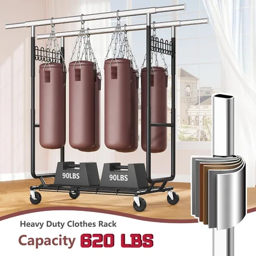 Miniatura 5 de Hoctieon Perchero de doble varilla de montaje en 2 minutos, estante resistente para ropa con ruedas, plegable para uso comercial, barra extensible