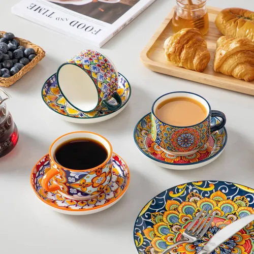 Miniatura 5 de vancasso Juego de 4 tazas de café espresso apilables de 8 onzas con platillos y soporte de metal, tazas de capuchino de cerámica bohemia, aptas