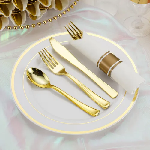 Miniatura 6 de Juego de 50 cubiertos de plástico dorado preenrollados con servilletas, juego de cubiertos desechables envueltos resistentes para bodas, fiestas