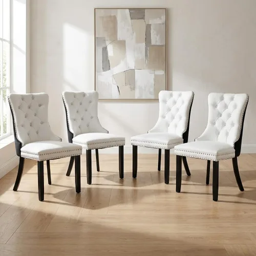 Miniatura 87 de OVENTA Juego de 4 sillas de comedor modernas tapizadas copetudas, terciopelo negro y gris y cuero con patas de madera maciza, sillas de cocina