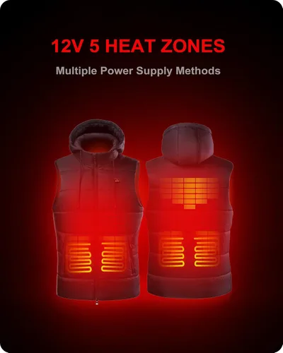 Miniatura 2 de DEWBU Chaleco calefactado con batería de 12 V, múltiples métodos de fuente de alimentación, ropa térmica ligera con capucha desmontable