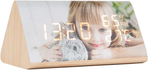 Miniatura 8 de Reloj despertador digital LED personalizado con foto grabada, pantalla de madera, humedad y temperatura, decoración moderna para dormitorio, hogar