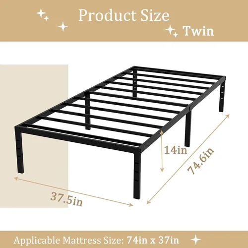 Miniatura 2 de Marco de cama tamaño individual de 14 pulgadas, resistente, metal, no necesita somier, almacenamiento debajo de la cama, fácil montaje, sin ruido