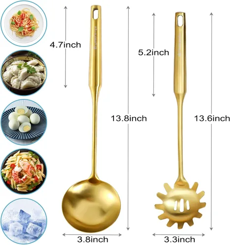 Miniatura 6 de Juego de cucharón de sopa dorado y cuchara de espagueti, cuchara de sopa de acero inoxidable 18/10, colador de pasta, utensilios de cocina de 13.8