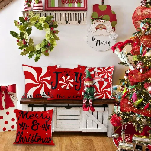 Miniatura 4 de Vellibring - Juego de 4 fundas de almohada de Navidad con diseño de caramelos, 45 x 45 cm, rojo y blanco, fundas de almohada para sofá, decoración