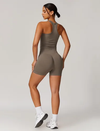Miniatura 39 de Conjuntos de entrenamiento para mujer, 2 piezas, sin costuras, acanalada, sin mangas, brasier deportivo, cintura alta, pantalones cortos