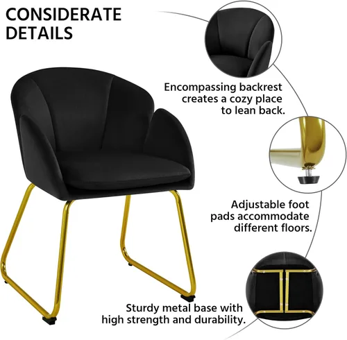 Miniatura 4 de Topeakmart Silla decorativa moderna, estilo floral, de terciopelo, con patas mentales doradas, para sala de estar, dormitorio, oficina en casa, Negro