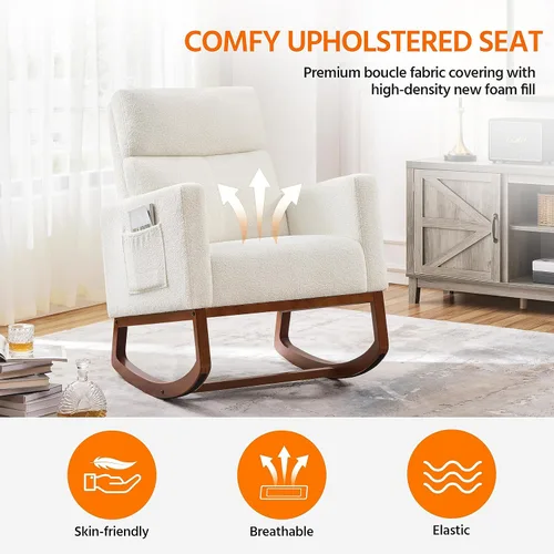 Miniatura 4 de Yaheetech Silla mecedora tapizada, silla de bebé Boucle Glider con respaldo alto y bolsillo lateral, sillón mecedor con patas de madera de goma