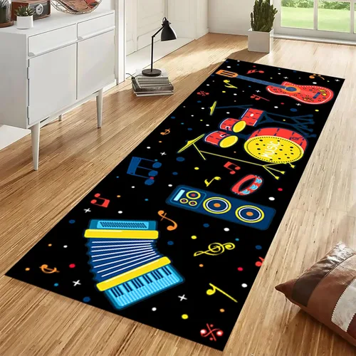 Miniatura 13 de Alfombra de pasillo de notas musicales, 2 x 7 pies, música retro, líneas melodías abstractas, a cuadros, alfombra musical de los años 80 y 90