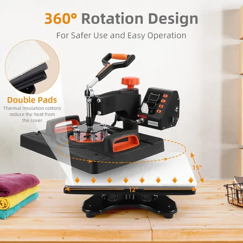 Miniatura 3 de Towallmark Máquina de prensa de calor de 12 x 15 pulgadas, máquina de transferencia de calor 6 en 1, oscilación de 360 grados, multifunción