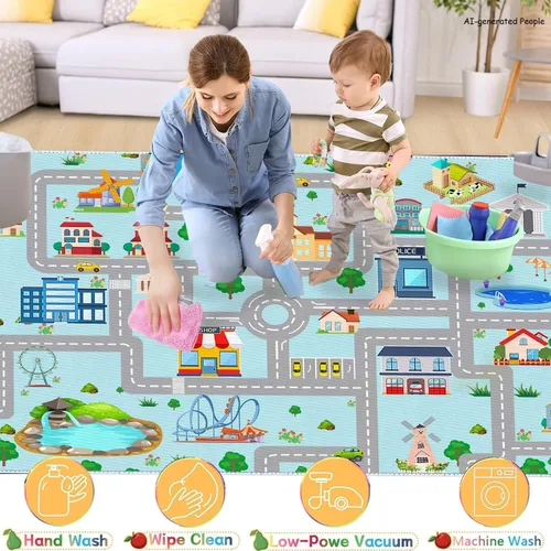 Miniatura 5 de Alfombra de coche para niños, 2 pies 7 pulgadas x 4 pies, alfombra de juego para trenes de autos de juguete, alfombra antideslizante para pista