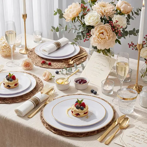 Miniatura 12 de KIRE 60 platos de plástico dorado – Platos desechables blancos resistentes de Acción de Gracias con borde dorado para fiesta/boda – Incluye 30