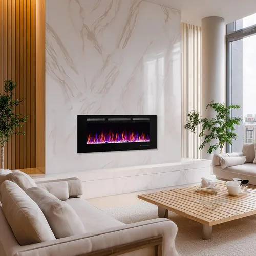 Miniatura 2 de Chimenea eléctrica de 45 pulgadas, insertos de chimenea para montar en la pared y empotrar, llama multicolor con 5 atenuadores, termostato
