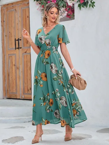 Miniatura 2 de Simplee Vestido largo de playa para mujer con cuello en V y manga corta, diseño bohemio floral, casual, para invitadas de boda y fiestas