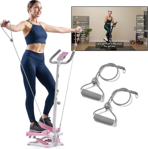 Sunny Health & Fitness Total Body 2-in-1 Smart Stepper Machine for Home with Handlebar and Resistance Bands Rosa