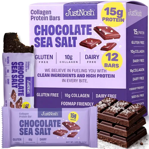 Miniatura 10 de JUSTNOSH Double: barras de proteína de colágeno con chispas de chocolate, 0.55 onzas de proteína, 0.35 onzas de colágeno, sin gluten y lácteos