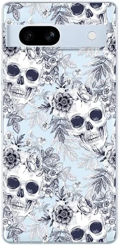 Miniatura 2 de Blingy's Funda para Google Pixel 7a, divertido diseño de calavera floral, diseño retro vintage, transparente, suave TPU (6.1 pulgadas)