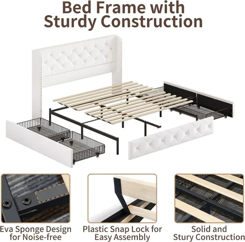 Miniatura 4 de BRELTAM Marco de Cama Tamaño Queen con Cajones de Almacenamiento y Cabecero Wingback Tapizado en Terciopelo Marco de Cama Plataforma Camas Blanco