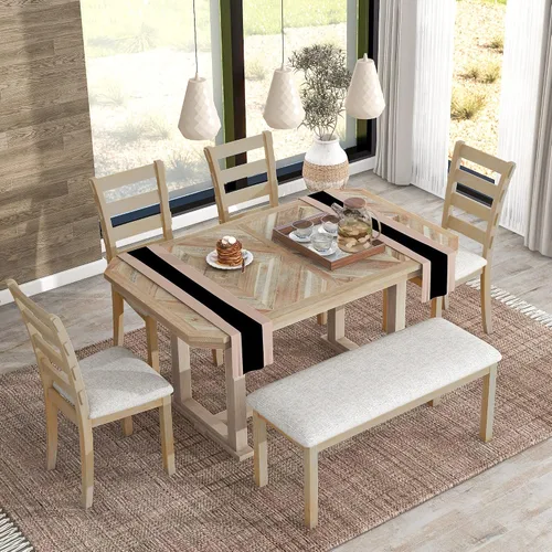 Miniatura 12 de LUMISOL Juego de 6 mesas de comedor de estilo rústico para 6, mesa de cocina de madera maciza de 60 pulgadas con banco y 4 sillas, acabado marrón