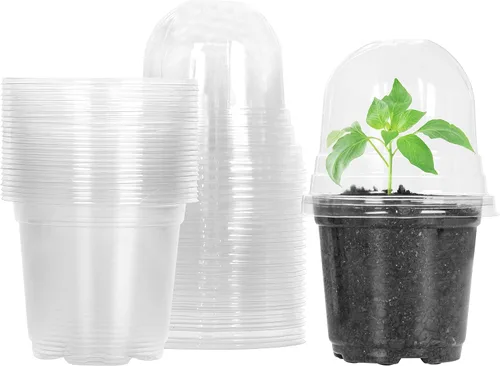 Miniatura 9 de MIXC Macetas para vivero con cúpula de humedad, maceta de plástico transparente suave de 4 pulgadas, macetas para plantar, macetas pequeñas bandejas