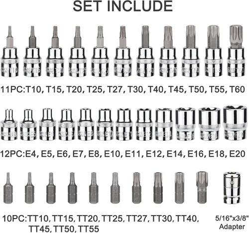Miniatura 3 de CASOMAN 34 piezas de 3/8 pulgadas Torx Bit Socket y E-Torx (estrella) Juego de zócalos de acero CR-V y S2, E4-E20, T10-T60, a prueba