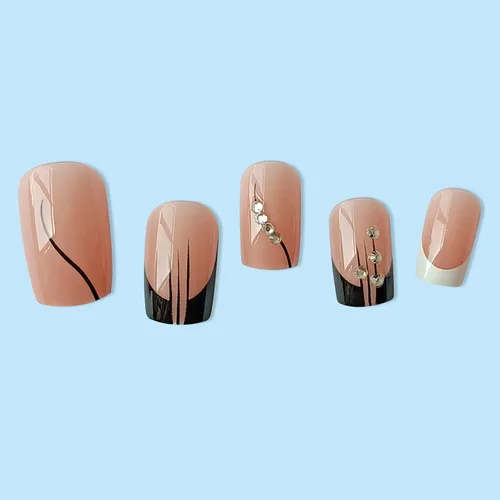 Miniatura 4 de Uñas postizas a presión de punta francesa, uñas postizas cuadradas blancas, uñas postizas cortas negras con diamantes de imitación, diseños