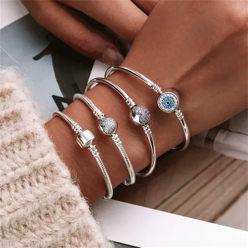 Miniatura 4 de BISAER Pulsera de plata de ley con cierre de dije para abalorios con piedras preciosas de zafiro, tapón de bloqueo de clip de ojo malvado