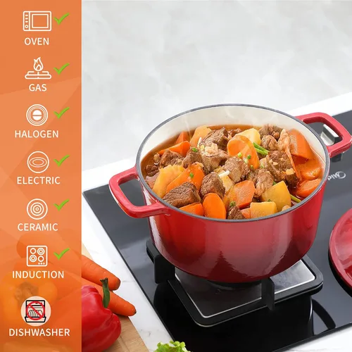 Miniatura 2 de Velaze Horno Holandés de Hierro Fundido Esmaltado de 6 QT, Olla de Doble Asa con Tapa, Horno Redondo Antiadherente de Servicio Pesado para Hornear