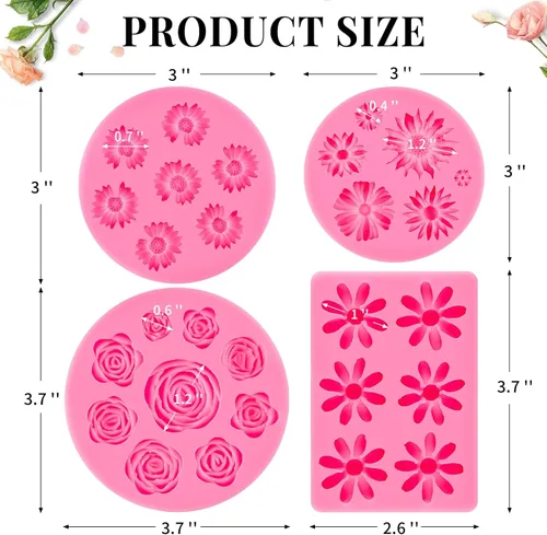 Miniatura 2 de Puyeipt 4 piezas de moldes de silicona para fondant con forma de flores, moldes de chocolate y caramelo con forma de margarita y rosa para la parte