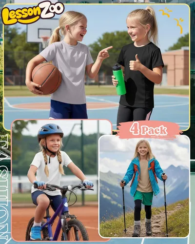 Miniatura 5 de Paquete de 4 camisetas atléticas de manga corta para niñas, de secado rápido, camisetas activas de verano con cuello redondo y ropa deportiva