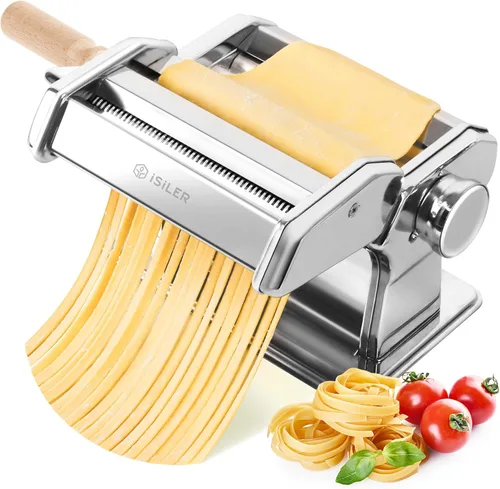 ISILER Máquina para hacer pasta, 9 ajustes de grosor ajustables, máquina de pasta 2 en 1 con rodillos y cortador, fabricante de fideos para piel de